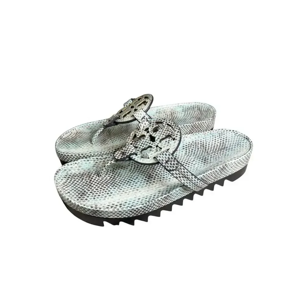 NEW Tory Burch Miller Cloud Lug Sandals Snake Print Leather Thong Slides US 9.5